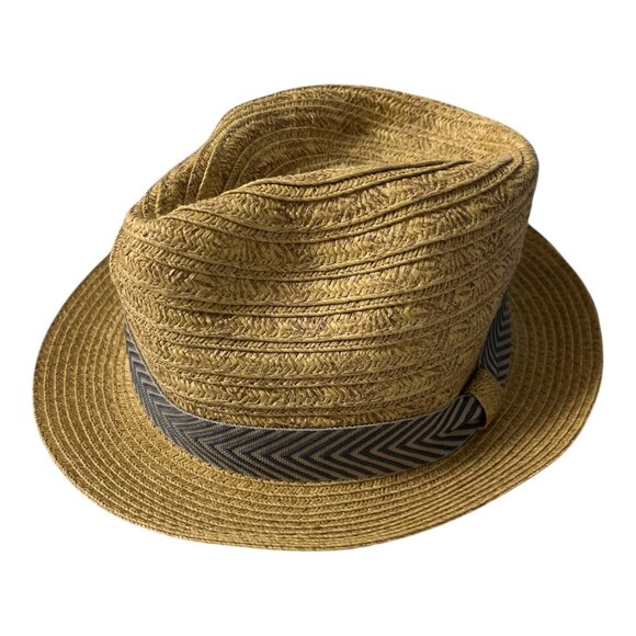 Sunny Dayz Tan Straw Fedora Hat with Gray Chevron Band - Picture 1 of 5
